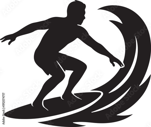 Canvas Print Single solid black silhouette of a man surfing on ocean wave, dynamic pose,