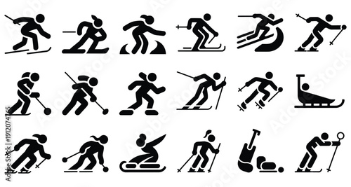 Vector icon set depicting various winter sports activities like skiing, snowboarding, ice hockey, and sledding, isolated on a transparent background.