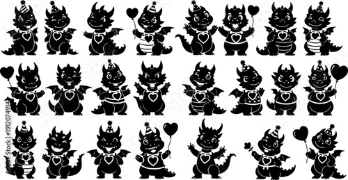 Black dragons in festive party hats with hearts, ideal for Valentine's Day celebrations and party invitations.