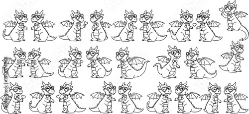A repeating pattern of cute outline dragons with heart glasses and bow ties, suitable for backgrounds and fabric designs.