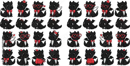 A collection of adorable black baby dragons in various cute outfits and accessories, perfect for children's themes.