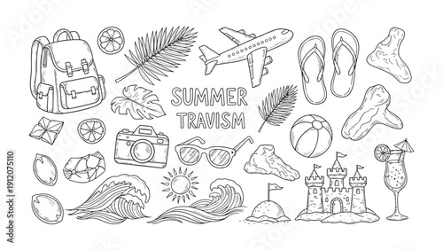 Summer Travel: An artistic collection of summer travel essentials, each meticulously sketched to evoke the allure of sun-soaked escapes and adventures. 