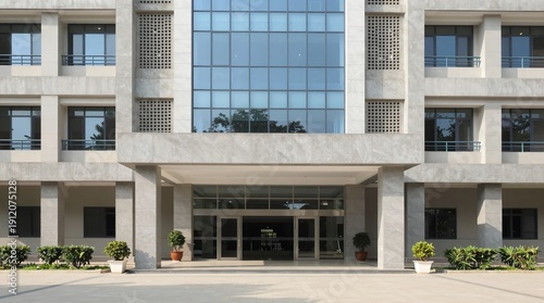 A large modern office building with a sleek glass entrance and concrete exterior