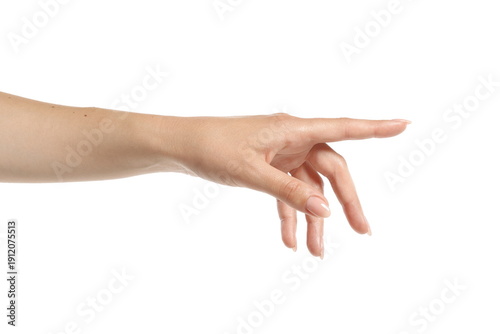 Female hand pointing index finger, closeup, isolated on white