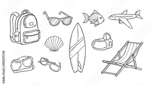 Vacation Essentials Illustration: An illustration featuring a collection of vacation essentials, from sunglasses and surfboards to beach chairs, offering a visual checklist for the perfect getaway.