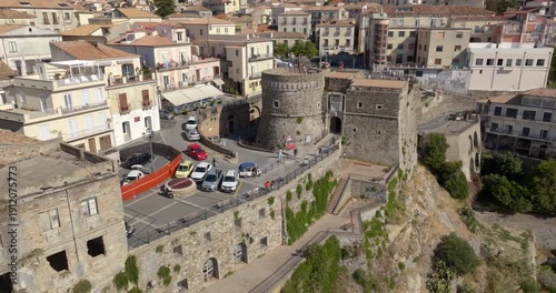 Aerial view of Pizzo Castle is located in the center of Pizzo Calabro, a town in Calabria in the province of Vibo Valentia, Italy. It is also known as Murat Castle, can be visited and houses a museum.