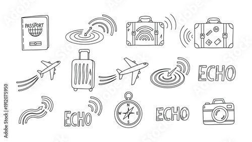 Travel & Exploration: A collection of hand-drawn travel-related icons, from passports and suitcases to airplanes and a compass, all depicted with a simple, elegant linework style.