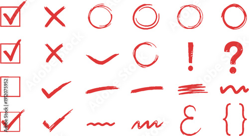 A collection of red hand drawn symbols and marks on a white background