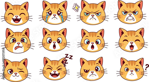A collection of 12 emotive cartoon cat faces with various expressions