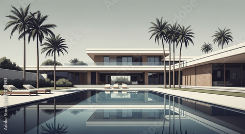 Modern luxury home with swimming pool and palm trees in tropical setting resort style architecture