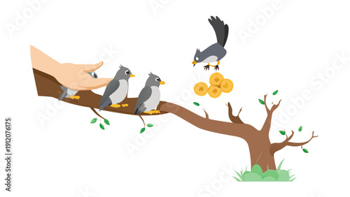 A squirrel standing on a branch, dropping gold coins into a charity box held by a group of birds below.