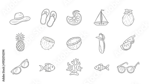 Summer Icon Delights: A collection of delightful icons, each carefully illustrating the essence of summer, including vacation elements, creating a sense of joy and the beauty of summer.