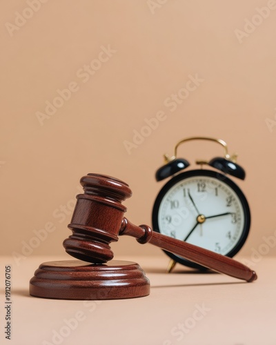 Wooden gavel and vintage alarm clock on a desk representing law adjournment and court deadlines for legal services with copy space for text on a tan background