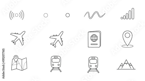 Travel Icons Illustration: A collection of meticulously crafted travel icons, designed with clean lines and a modern aesthetic, perfect for conveying the essence of globetrotting adventures.