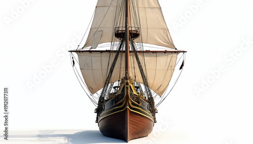 Wooden sailing ship with tan sails and dark hull. Front view of historical vessel on white background. Nautical detail with rigging and masts. Maritime transport, old boat concept.