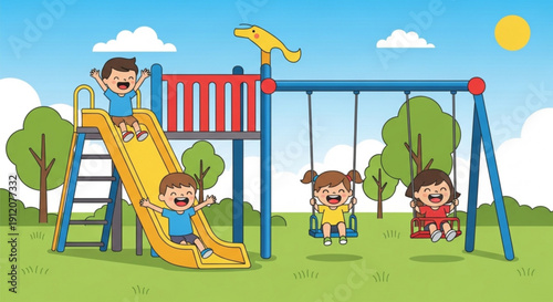Children playing on a colorful playground with swings and slide on a sunny day outdoors