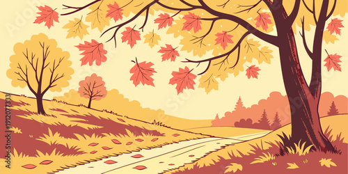 A serene autumn landscape with vibrant fall foliage and a peaceful forest path.