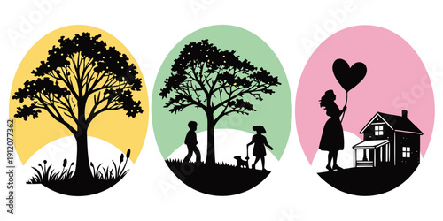 Three distinct icons representing nature, family, and love in vibrant colors