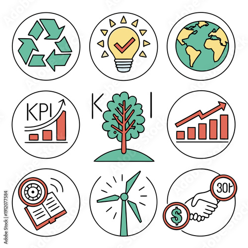 Icons representing various aspects of sustainability and environmental awareness