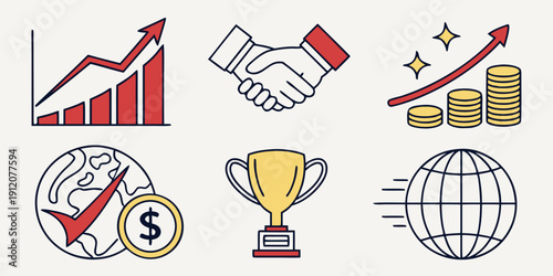 Icons representing business success, achievement, and global connections
