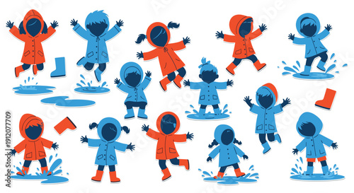 A playful collection of silhouettes showing children in colorful raincoats and boots joyfully jumping and splashing in puddles.