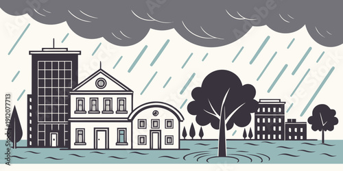 A quaint town is depicted in a black and white illustration, with buildings, trees, and a stormy sky.