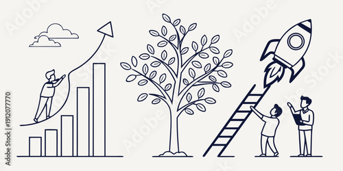 People working on a project with a tree and a rocket in the background.