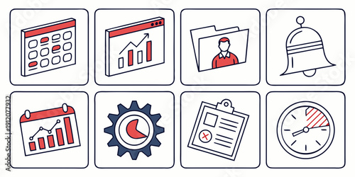 Icons representing various aspects of business and project management.