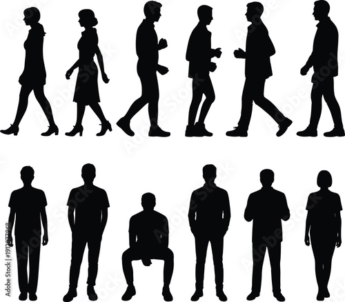 People silhouette set showing men and women walking, standing, sitting, and talking poses, everyday human activities collection, black vector illustration for animation reference and design use