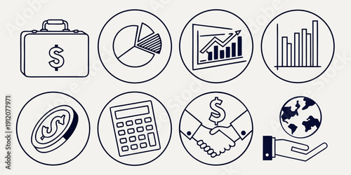 Icons representing various aspects of finance and business management.