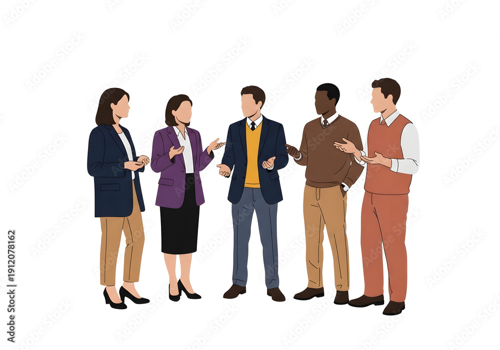 Obraz premium Diverse group of five business professionals in conversation and collaboration on a white background 