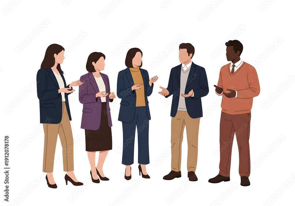 Obraz premium Diverse group of five business professionals in conversation and collaboration on a white background 