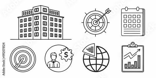 Diverse icons representing various aspects of business and management.
