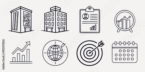Icons representing various aspects of business and management.
