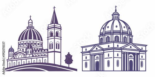 Historical buildings with domes and towers in black and white