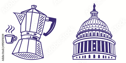 Coffee maker and capitol building illustration in blue