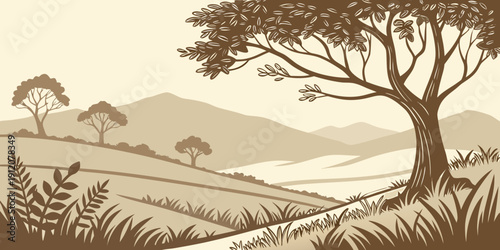 A serene landscape of trees and rolling hills under a clear sky.