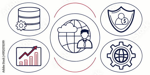 Icons representing various aspects of cybersecurity and data protection