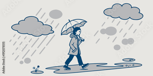 A person walking with an umbrella in the rain under a cloudy sky
