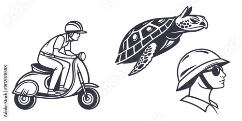 A man on a scooter, a turtle, and a person wearing a helmet