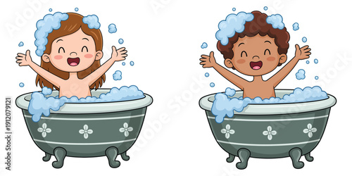 Kid Bathing vector illustration, child taking a bath with water and bubbles