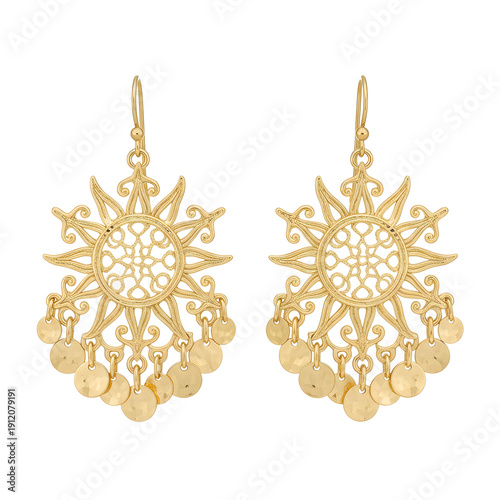 Elegant Gold Filigree Snowflake Dangle Earrings With Small Coin Charms Isolated On White