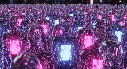 An expansive array of faceted chrome humanoid figures stand together with chests glowing vibrant pink and electric blue symbolizing artificial intelligence data and futuristic digital world.
