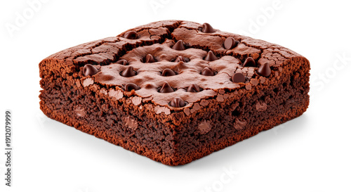 Delicious chocolate brownie with chocolate chips isolated on a white background.