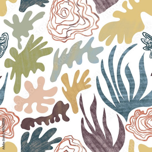 Иллюстрация без названияAbstract seamless pattern with organic hand-drawn shapes and textured botanical elements in earthy tones. Modern artistic background inspired by coral.Sea and Ocean.