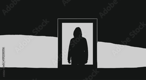 Hooded Figure Standing in Picture Frame on Gray Background