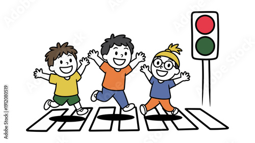 Three energetic cartoon boys joyfully skipping across a zebra crossing under a prominent red traffic light signal.