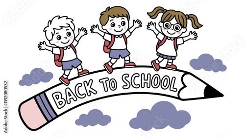 Three excited cartoon children with school backpacks walking on a giant pencil that says 'Back to School'.