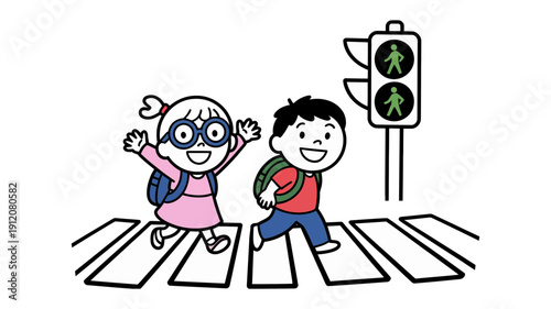 A cartoon boy and girl, both with backpacks, safely walking on a zebra crossing with two green pedestrian signals.