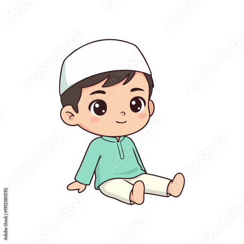 Cute cartoon illustration of a cheerful young boy, dressed in traditional attire and a white skullcap, happily sitting, perfect for designs celebrating childhood and culture